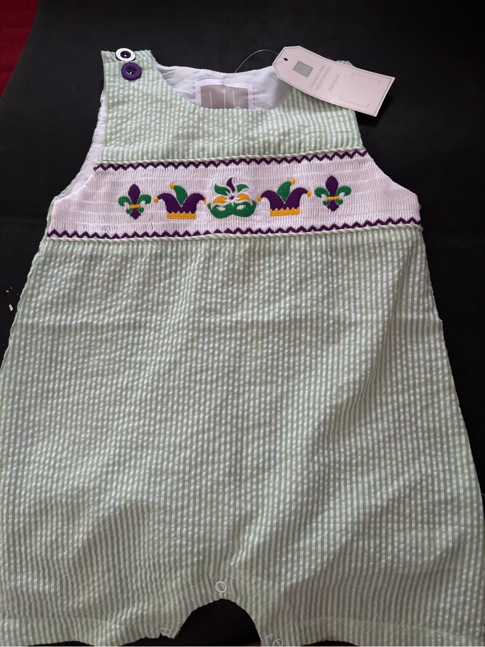 Girl or Boy Seersucker Romper with Fleur-de-Lis Embroidery - Green & Purple